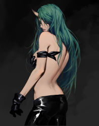 Rule 34 | 1girl, arknights, arm ribbon, ass, black background, black gloves, black pants, black ribbon, breasts, commentary request, cowboy shot, diaodiao, gloves, green hair, grey eyes, highres, horns, hoshiguma (arknights), leather, leather pants, long hair, looking at viewer, medium breasts, pants, parted lips, ribbon, single horn, solo, standing, topless, very long hair