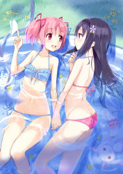 Rule 34 | 10s, 2girls, :d, akemi homura, ass, back, bikini, black hair, blue bikini, butt crack, collarbone, detexted, flower, from side, hair ribbon, hairband, highres, holding hands, hose, index finger raised, kaname madoka, kyubey, kyuri, long hair, mahou shoujo madoka magica, mahou shoujo madoka magica (anime), multiple girls, navel, open mouth, partially submerged, pink bikini, pink eyes, pink hair, profile, purple eyes, ribbon, short hair, side-tie bikini bottom, smile, swimsuit, third-party edit, twintails, wading pool, water, yuri