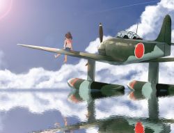 Rule 34 | 10s, 1girl, aichi m6a seiran, aircraft, airplane, bare arms, bare legs, barefoot, blue sky, brown hair, cloud, cloudy sky, cockpit, day, from behind, hair ornament, i-401 (kancolle), kantai collection, ocean, outdoors, parasite aircraft, ponytail, reflection, school swimsuit, school uniform, seaplane, serafuku, sitting, sky, sleeveless, solo, suke (momijigari), sunlight, swimsuit, vehicle focus, water