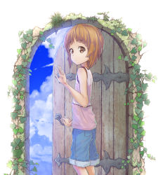 Rule 34 | 1girl, aged down, blue shorts, blue sky, brown eyes, brown hair, closed mouth, cloud, cloudy sky, commentary request, day, denim, denim shorts, door, from side, girls und panzer, goripan, highres, ivy, looking at viewer, nishizumi miho, opening door, partial commentary, pink shirt, shirt, short hair, shorts, sky, smile, solo, standing, tank top, waving