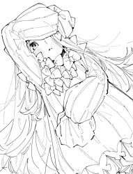 Rule 34 | 1girl, abigail williams (fate), blush, bow, covering forehead, dress, fate/grand order, fate (series), greyscale, hair bow, hand up, long hair, looking at viewer, lying, monochrome, multiple hair bows, on back, parted lips, simple background, sketch, sleeves past fingers, sleeves past wrists, solo, tenoo12, white background
