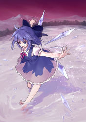 Rule 34 | 1girl, ainy, bad id, bad pixiv id, barefoot, blue dress, blue eyes, blue hair, cirno, dress, fang, full body, hair ornament, hair ribbon, ice, ice wings, matching hair/eyes, mountain, open mouth, outstretched arms, puffy sleeves, ribbon, short hair, short sleeves, smile, solo, touhou, water, wings