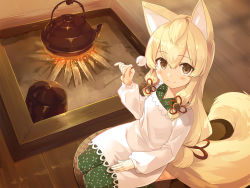 Rule 34 | 1girl, animal ears, apron, ayakashi kyoushuutan, blonde hair, blush, brown eyes, burning, closed mouth, copyright request, cura, fire, firewood, fox ears, fox girl, fox tail, from above, green kimono, hair between eyes, hair ribbon, hand up, highres, holding, indoors, irori (hearth), japanese clothes, kappougi, kimono, lap pillow invitation, long hair, long sleeves, looking at viewer, looking up, mimikaki, non-web source, okon (whisp), puffy long sleeves, puffy sleeves, red ribbon, ribbon, seiza, sitting, smile, solo, tail, teapot, very long hair, white apron, wooden floor