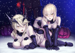 Rule 34 | 1boy, 2girls, all fours, artoria pendragon (all), artoria pendragon (fate), artoria pendragon (lancer alter) (fate), blonde hair, blush, breasts, ccjn, command spell, commentary request, cosplay, dark persona, dual persona, elbow gloves, fate/grand order, fate (series), fujimaru ritsuka (male), gloves, heavy breathing, jack-o&#039;-lantern, large breasts, leash, looking at viewer, lying, mash kyrielight, mash kyrielight (dangerous beast), mash kyrielight (dangerous beast) (cosplay), medium breasts, midriff, multiple girls, navel, official alternate costume, on side, open mouth, outdoors, saber alter, saliva, stomach, thighhighs, tongue, tongue out, yellow eyes