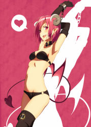 Rule 34 | 1girl, bikini, black bikini, breasts, chain, collar, cowboy shot, cuffs, demon girl, demon horns, demon tail, earrings, elbow gloves, fangs, gloves, heart, horns, jewelry, kinta (distortion), looking at viewer, medium breasts, o-ring, o-ring bottom, pointy ears, shackles, short hair, smile, solo, spoken heart, strapless, stretching, swimsuit, tail, teeth, thighhighs, tongue, tongue out