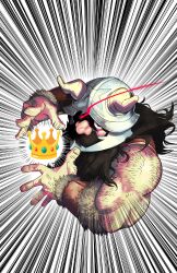 Rule 34 | 1boy, back hair, beard, brown hair, cropped torso, crown, dungeon meshi, dwarf, emoji, emphasis lines, eye trail, facial hair, fake horns, hairy, hand hair, hands up, helmet, highres, horned helmet, horns, knuckle hair, light trail, long beard, looking at viewer, makinaro, male focus, meme, mustache, open hands, partially shaded face, senshi (dungeon meshi), serious, solo, thick arm hair, thick mustache, triceps, very long beard, you dropped this (meme)