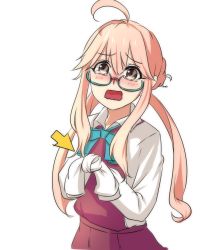 Rule 34 | 10s, 1girl, ahoge, arrow (symbol), blush, bow, glasses, green-framed eyewear, hair flaps, highres, kantai collection, long hair, long sleeves, looking at viewer, low twintails, lulu heika, makigumo (kancolle), open mouth, pink hair, school uniform, semi-rimless eyewear, sleeves past wrists, solo, tears, tied sleeves, twintails, under-rim eyewear, wavy mouth, white background, yellow eyes