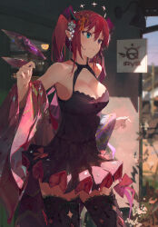 Rule 34 | 1girl, absurdres, black dress, blue eyes, breasts, cleavage, cowboy shot, crystal wings, detached wings, dress, hair ornament, halo, heterochromia, highres, hololive, hololive english, horns, irys (hololive), japanese clothes, jushoro, kimono, looking to the side, medium breasts, multicolored hair, off shoulder, outdoors, pointy ears, purple eyes, red hair, solo, star halo, thighhighs, two-tone hair, virtual youtuber, wings