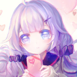Rule 34 | 1girl, ahoge, azur lane, blunt bangs, box, commentary request, frown, hair ornament, hair scrunchie, heart, heart-shaped pupils, heart background, holding, holding box, light purple hair, long hair, low twintails, purple eyes, purple sailor collar, purple scrunchie, sailor collar, scrunchie, sidelocks, sleeves past wrists, solo, sparkle, striped, sweater, symbol-shaped pupils, translation request, twintails, unicorn (long-awaited date) (azur lane), unicorn (azur lane), upper body, white background, white sweater, x hair ornament, yorica