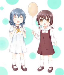Rule 34 | 2girls, :d, ^ ^, absurdres, balloon, blue hair, brown hair, cat hair ornament, clenched hand, closed eyes, eyebrows, funami mari, furutani kaede, hair ornament, highres, holding, holding balloon, jitome, mary janes, multiple girls, open mouth, polka dot, polka dot background, school uniform, serafuku, shoes, short twintails, simple background, smile, socks, stick jitb, thick eyebrows, twintails, white socks, yuru yuri