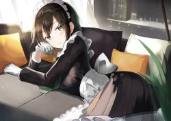 Rule 34 | absurdres, apron, black dress, black hair, blush, couch, dress, frilled apron, frills, gloves, green eyes, green ribbon, hair ornament, hairclip, head rest, highres, indoors, long sleeves, looking at viewer, lying, maid, on side, original, parted lips, pillow, plant, pleated dress, ribbon, short hair, sion (im10042m), white apron, white gloves