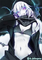 Rule 34 | 10s, 1girl, abyssal ship, bikini, black background, black bikini, breasts, cleavage, clenched teeth, daikan&#039;yama ebisu, fangs, glowing, glowing eyes, grin, hood, hoodie, kantai collection, long hair, looking at viewer, navel, o-ring, o-ring top, open clothes, pale skin, parted lips, purple hair, re-class battleship, scarf, simple background, smile, solo, standing, striped clothes, striped scarf, swimsuit, tail, teeth, twitter username, underboob, upper body, white hair
