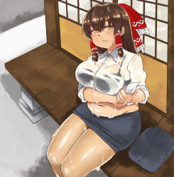 Rule 34 | 1girl, black bra, black skirt, black vest, blush, bow, bra, bra visible through clothes, breasts, brown eyes, brown hair, commentary request, cookie (touhou), feet out of frame, frilled bow, frilled hair tubes, frills, hair between eyes, hair bow, hair tubes, hakurei reimu, kanna (cookie), large breasts, long hair, looking at viewer, midriff, mo-fu, navel, office lady, pantyhose, parted lips, pencil skirt, plump, porch, red bow, shirt, shouji, sidelocks, sitting, skirt, sliding doors, solo, touhou, underwear, vest, unworn vest, wet, wet clothes, wet shirt, wringing clothes