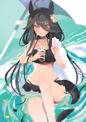 Rule 34 | 1girl, ahoge, animal ears, bad id, bad pixiv id, bare shoulders, beach umbrella, bikini, black bikini, black choker, black hair, bracelet, choker, cloak, closed mouth, collarbone, cup, day, ear piercing, earrings, flower, frilled bikini, frills, fujiyama ichiha, hair between eyes, hair flower, hair ornament, hair ribbon, highres, holding, holding cup, horse ears, horse girl, horse tail, jewelry, knee up, light blush, long bangs, long hair, looking at viewer, low twintails, manhattan cafe (umamusume), navel, outdoors, over shoulder, partially submerged, petals, petals on liquid, piercing, ribbon, shade, single earring, sitting, smile, solo, speech bubble, swept bangs, swimsuit, tail, twintails, umamusume, umbrella, water, wet, white cloak, white hair, white ribbon, white umbrella, wide hips, yellow eyes