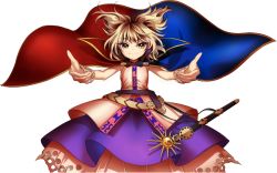 Rule 34 | 1girl, belt, blonde hair, brown eyes, cape, harukawa moe, looking at viewer, official art, outstretched arms, shirt, skirt, sleeveless, sleeveless shirt, smile, solo, touhou, toyosatomimi no miko, transparent background, urban legend in limbo