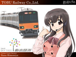 Rule 34 | 1girl, black eyes, black hair, bow, bowtie, brown eyes, buttons, character name, closed mouth, collared shirt, company name, dress shirt, english text, hair between eyes, hand up, headset, himemiya nana, long hair, long sleeves, looking at viewer, microphone, pink vest, purple bow, purple bowtie, shirt, smile, solo, standing, tareme, tessai, tetsudou musume, tobu railway, tokyo skytree, train, translation request, uniform, upper body, vest, white shirt, wing collar