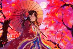 Rule 34 | 1girl, absurdres, autumn leaves, blue bow, bow, braid, brown hair, closed eyes, day, flower, from below, full moon, hair flower, hair ornament, haori, highres, holding, holding umbrella, japanese clothes, kimono, leaf, long hair, maple leaf, moon, oil-paper umbrella, original, outdoors, parted lips, red flower, rose, single braid, solo, sudach koppe, transparent, transparent umbrella, tree, umbrella, white flower, white rose