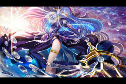 Rule 34 | 1girl, asymmetrical clothes, azura (fire emblem), blue hair, covered navel, fire emblem, fire emblem fates, highres, letterboxed, long hair, looking at viewer, nintendo, polearm, solo, spear, sunset, thigh strap, tongari, very long hair, water, water drop, weapon, yellow eyes