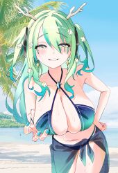 Rule 34 | 1girl, absurdres, antlers, beach, bikini, black bikini, black ribbon, blue bikini, blush, breasts, ceres fauna, clothes pull, earrings, flower, gem, gradient bikini, green bikini, green hair, green nails, gurumie, hair flower, hair ornament, hair ribbon, hand on own hip, highres, hololive, hololive english, horns, jewelry, large breasts, leaning forward, long hair, mole, mole under eye, navel, ocean, outdoors, ribbon, sarong, smile, smug, swimsuit, twintails, virtual youtuber, yellow eyes