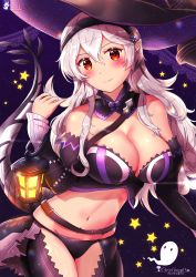 Rule 34 | 1girl, alternate costume, artist logo, artist name, bad id, bad pixiv id, bare shoulders, belt, black gloves, black headwear, black legwear, blush, breasts, chinchongcha, cleavage, corrin (female) (fire emblem), corrin (fire emblem), cowboy shot, detached collar, dragon tail, elbow gloves, fire emblem, fire emblem fates, floating hair, ghost, glint, gloves, groin, hair between eyes, hairband, halloween, hat, highres, lantern, large breasts, long hair, looking at viewer, midriff, navel, nintendo, red eyes, silver hair, smile, solo, star (symbol), strapless, tail, thighs, tube top, witch hat