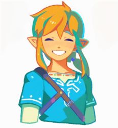 Rule 34 | 1boy, blonde hair, blue shirt, closed eyes, denaseey, layered sleeves, link, long hair, long sleeves, male focus, nintendo, parted lips, pointy ears, ponytail, shirt, short over long sleeves, short sleeves, simple background, smile, solo, the legend of zelda, the legend of zelda: breath of the wild, upper body, white background