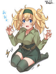 Rule 34 | 1girl, blonde hair, blue eyes, breasts, commentary request, dated, female focus, full body, gambier bay (kancolle), green hairband, green shirt, green shorts, green thighhighs, hairband, highres, kantai collection, large breasts, long hair, long sleeves, looking at viewer, meguru (megurunn), one-hour drawing challenge, shirt, shorts, simple background, sitting, solo, thighhighs, trembling, twintails, twitter username, wariza, white background