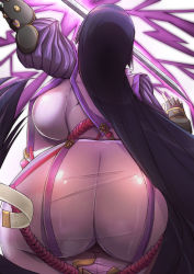 Rule 34 | 1girl, arm guards, armor, ass, ass focus, black gloves, bodysuit, breasts, close-up, curvy, fate/grand order, fate (series), fingerless gloves, from behind, gloves, highres, huge breasts, japanese armor, katana, kote, long hair, low-tied long hair, minamoto no raikou (fate), namonakisyura, purple bodysuit, purple hair, ribbed sleeves, rope, solo, suneate, sword, tabard, very long hair, weapon