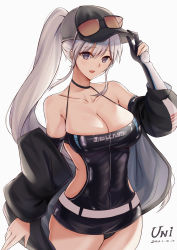 Rule 34 | 1girl, absurdres, azur lane, baseball cap, belt, black jacket, breasts, choker, cleavage, collarbone, dated, enterprise (azur lane), enterprise (wind catcher) (azur lane), eyewear on headwear, fingerless gloves, gloves, hair through headwear, hand on headwear, hat, highres, jacket, large breasts, long hair, looking at viewer, off shoulder, official alternate costume, open mouth, partially fingerless gloves, ponytail, purple eyes, race queen, single fingerless glove, solo, sunglasses, taut clothes, tight clothes, unique (pixiv12704744), very long hair, white belt, white hair
