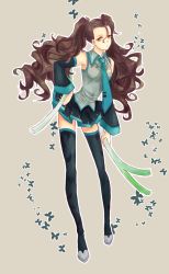 Rule 34 | 1girl, armpits, bad id, bad pixiv id, brown hair, bug, butterfly, cosplay, curly hair, detached sleeves, dual wielding, fate/zero, fate (series), genderswap, genderswap (mtf), hatsune miku, hatsune miku (cosplay), holding, bug, diarmuid ua duibhne (lancer) (fate), leggings, mole, mole under eye, necktie, pleated skirt, skirt, solo, spring onion, thighhighs, twintails, vocaloid, wavy hair, xiongmaojun115, yellow eyes