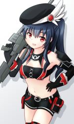 Rule 34 | 1girl, alternate hairstyle, black hair, breasts, cleavage, gloves, gun, hand on own hip, highres, legs, long hair, looking at viewer, medium breasts, midriff, navel, neptune (series), ponytail, red eyes, shorts, smile, solo, strapless, thighs, tube top, uni (neptunia), weapon