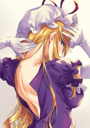 Rule 34 | 1girl, arms behind head, back, back focus, bare back, blonde hair, blush, breasts, check commentary, commentary request, dress, elbow gloves, frilled dress, frills, from behind, gloves, gradient background, grey background, hair over shoulder, hands in hair, hat, kirisita, large breasts, light particles, long hair, looking at viewer, looking back, mob cap, nape, neck, no bra, puffy short sleeves, puffy sleeves, purple dress, purple eyes, shadow, shiny clothes, shiny skin, short sleeves, shoulder blades, sidelocks, solo, touhou, unzipped, upper body, very long hair, white background, white gloves, yakumo yukari