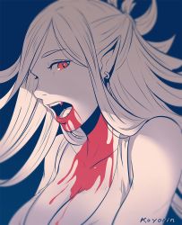 Rule 34 | 1girl, artist name, bare shoulders, blood, blood from mouth, blood on chest, blood on face, breasts, cleavage, earrings, fangs, half updo, jewelry, koyorin, large breasts, long hair, looking at viewer, looking to the side, monochrome, open mouth, original, pointy ears, red eyes, solo, tank top, vampire