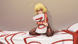 Rule 34 | 10s, 1girl, ahoge, akuma no riddle, bed sheet, black pantyhose, blonde hair, full body, hashiri nio, kneeling, looking at viewer, no, hugging object, on bed, original, paintrfiend, pantyhose, pillow, pillow hug, red eyes, solo, tattoo, yes-no pillow