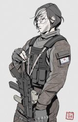 Rule 34 | 1girl, absurdres, ammunition pouch, black eyes, black gloves, black hair, camouflage, camouflage pants, closed mouth, dokkaebi (rainbow six siege), earrings, facepaint, glasses, gloves, grey background, gun, h&amp;k mp5, highres, jewelry, lips, long sleeves, looking down, military, military uniform, nail polish, pants, partially fingerless gloves, pink nails, pouch, rainbow six siege, short hair, simple background, solo, south korean flag, submachine gun, tb choi12, uniform, vest, weapon
