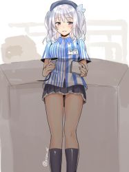 Rule 34 | 10s, 1girl, bad id, bad twitter id, beret, black skirt, black socks, breasts, collared shirt, hat, holding, kantai collection, kashima (kancolle), kneehighs, large breasts, lawson, looking to the side, name tag, parted lips, pleated skirt, purple eyes, scanner, shirt, silver hair, sketch, skirt, smile, socks, solo, standing, twintails, twitter username, wing collar, yu yu