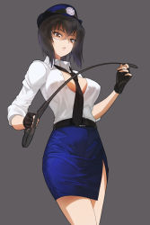 Rule 34 | 1girl, a1 (initial-g), belt, between breasts, black belt, black eyes, black gloves, black hair, black necktie, blue headwear, blue skirt, breasts, commentary, cowboy shot, dress shirt, female service cap, fingerless gloves, formal, girls und panzer, gloves, grey-framed eyewear, grey background, half-closed eyes, high-waist skirt, holding, kawashima momo, large breasts, long sleeves, looking at viewer, loose necktie, miniskirt, monocle, necktie, parted lips, partially unbuttoned, pencil skirt, police, police uniform, riding crop, semi-rimless eyewear, shirt, short hair, side slit, simple background, skirt, skirt suit, sleeves rolled up, solo, standing, suit, tight skirt, under-rim eyewear, uniform, white shirt, wing collar