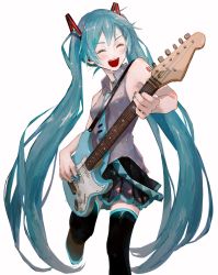 Rule 34 | 1girl, aqua hair, bare shoulders, belt, black skirt, black thighhighs, commentary, electric guitar, closed eyes, feet out of frame, fender stratocaster, grey shirt, guitar, hair ornament, hatsune miku, highres, holding, holding instrument, instrument, leg up, ligton1225, long hair, music, nail polish, necktie, playing instrument, shirt, shoulder tattoo, skirt, sleeveless, sleeveless shirt, smile, solo, tattoo, thighhighs, twintails, very long hair, vocaloid