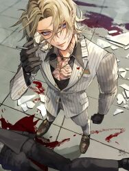 Rule 34 | 1boy, absurdres, black gloves, black shirt, blonde hair, blood, blood splatter, broken glass, brown footwear, chest tattoo, cigarette, clenched hand, collared shirt, corpse, formal, from above, full body, glass, gloves, hair between eyes, hand up, highres, holding, holding cigarette, jacket, jewelry, long sleeves, looking at viewer, luca kaneshiro, luca kaneshiro (1st costume), male focus, necklace, nijisanji, nijisanji en, pants, pinstripe pants, pinstripe pattern, pinstripe suit, purple eyes, raimei naru, shirt, shoes, short sidetail, signature, smoke, solo, standing, striped clothes, striped pants, suit, tattoo, unbuttoned, unbuttoned shirt, virtual youtuber, white jacket, white pants
