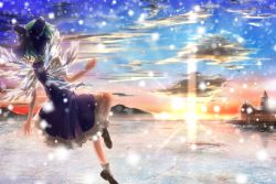 Rule 34 | 1girl, aru0607, blue bow, blue dress, blue hair, bobby socks, bow, brown footwear, cirno, cloud, cloudy sky, commentary request, dress, fairy, floating, frilled dress, frills, from behind, frozen lake, hair bow, ice, ice wings, mary janes, misty lake, mountainous horizon, puffy short sleeves, puffy sleeves, scarlet devil mansion, scenery, shoes, short hair, short sleeves, sky, snow, snowing, socks, solo, sunlight, sunset, touhou, wings