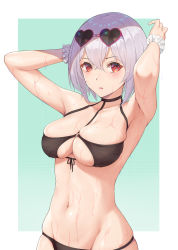 Rule 34 | 1girl, aqua background, armpits, arms up, azur lane, bikini, black ribbon, blush, border, breasts, cleavage, cowboy shot, eyewear on head, front-tie bikini top, front-tie top, highres, kojo (0124), large breasts, looking at viewer, navel, official alternate costume, outside border, parted lips, pink-framed eyewear, red eyes, resolution mismatch, ribbon, scrunchie, short hair, silver hair, simple background, sirius (azur lane), sirius (scorching-hot seirios) (azur lane), skindentation, solo, source larger, stomach, sunglasses, swimsuit, v-shaped eyebrows, wet, white border, wrist scrunchie