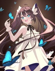 Rule 34 | 1girl, :d, ahoge, armpits, bare arms, blue butterfly, blue eyes, brown hair, bug, butterfly, butterfly on hand, dress, frills, gloves, hair ornament, haruwo, highres, insect, long hair, looking at viewer, neck ribbon, open mouth, original, ribbon, sleeveless, sleeveless dress, smile, solo, twintails, very long hair
