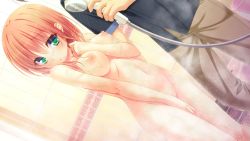 Rule 34 | 1boy, 1girl, blush, breasts, character request, clothed male nude female, game cg, green eyes, mixed-sex bathing, navel, nipples, nude, orange hair, shared bathing, short hair, shower, source request, standing, tagme, yayoi and nagi