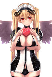 Rule 34 | 1girl, black bra, black panties, black thighhighs, blonde hair, blush, box, bra, breasts, closed mouth, commentary request, cowboy shot, dark angel (untsue), feathered wings, fingernails, hair between eyes, heart-shaped box, holding, horns, huge breasts, long hair, looking at viewer, maid headdress, mole, mole on breast, original, panties, puffy short sleeves, puffy sleeves, red eyes, short sleeves, simple background, skindentation, smile, solo, spread wings, standing, thighhighs, twintails, underwear, untue, very long hair, white background, wide hips, wings, wrist cuffs