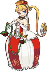Rule 34 | 1girl, 7th dragon, 7th dragon (series), bare shoulders, blonde hair, blue eyes, breasts, cleavage, dress, frills, hat, long hair, mota, official art, open mouth, princess (7th dragon), simple background, solo, sora (7th dragon), twintails, whip, white background