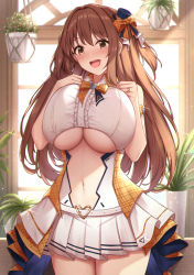 Rule 34 | 1girl, :d, armlet, azur lane, baltimore (muse) (azur lane), bare shoulders, blush, bow, breasts, brown eyes, brown hair, center opening, cleavage, clothing cutout, commentary request, commission, cowboy shot, hair bow, hair ornament, hand on own chest, hat, heart belt, highres, idol, indoors, jewelry, kannko bokujou, large breasts, long hair, looking at viewer, mini hat, mini top hat, miniskirt, navel, navel cutout, nozomi (princess connect!), open mouth, orange bow, pixiv commission, plant, pleated skirt, princess connect!, ring, skirt, smile, solo, thighs, top hat, underboob, underboob cutout, white skirt, window