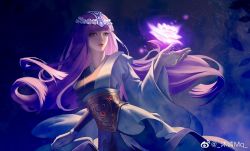 Rule 34 | 1girl, asymmetrical sleeves, dark background, expressionless, flower, hair ornament, hand up, long hair, looking to the side, lotus, muqing mq, purple hair, qinshi mingyue, shao siming (qin shi ming yue), solo, upper body