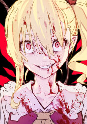Rule 34 | 1girl, absurdres, blonde hair, blood, blood in hair, blood on clothes, blood on face, collarbone, commentary request, crazy eyes, evil grin, evil smile, flandre scarlet, grin, hair between eyes, highres, kawayabug, long hair, looking at viewer, neckerchief, parted lips, portrait, red eyes, side ponytail, smile, solo, teeth, touhou, yellow neckerchief