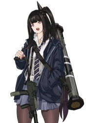 Rule 34 | 1girl, architect (girls&#039; frontline), b&amp;t mp9, black hair, black jacket, black pantyhose, blunt bangs, collared shirt, commentary, cowboy shot, girls&#039; frontline, gun, hand in pocket, head tilt, highres, holding, holding gun, holding weapon, jacket, long hair, long sleeves, looking at viewer, man-portable anti-tank systems, missile launcher, mutugorou u, nail polish, necktie, nlaw, open clothes, open jacket, open mouth, pantyhose, personal defense weapon, pleated skirt, purple skirt, red nails, rocket launcher, shirt, side ponytail, simple background, skirt, solo, striped necktie, submachine gun, suppressor, very long hair, weapon, weapon request, white background, white shirt