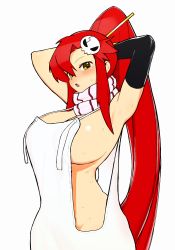 Rule 34 | absurdres, apron, arms behind head, arms up, blush, breasts, een033, hair ornament, highres, large breasts, long hair, looking at viewer, naked apron, no bra, no panties, ponytail, red hair, scarf, skull hair ornament, solo, sweat, tengen toppa gurren lagann, yoko littner