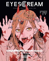 Rule 34 | 1girl, 2023, black background, black necktie, blood, blood on clothes, blood on face, blood on hands, chainsaw man, copyright name, cover, crown, denji (chainsaw man), eyescream, fangs, hair ornament, hairclip, highres, horns, jewelry, magazine cover, meowy (chainsaw man), mini crown, nakaki, necktie, official art, orange eyes, pochita (chainsaw man), portrait, power (chainsaw man), ring, smile, solo, tongue, tongue out, watermark, web address